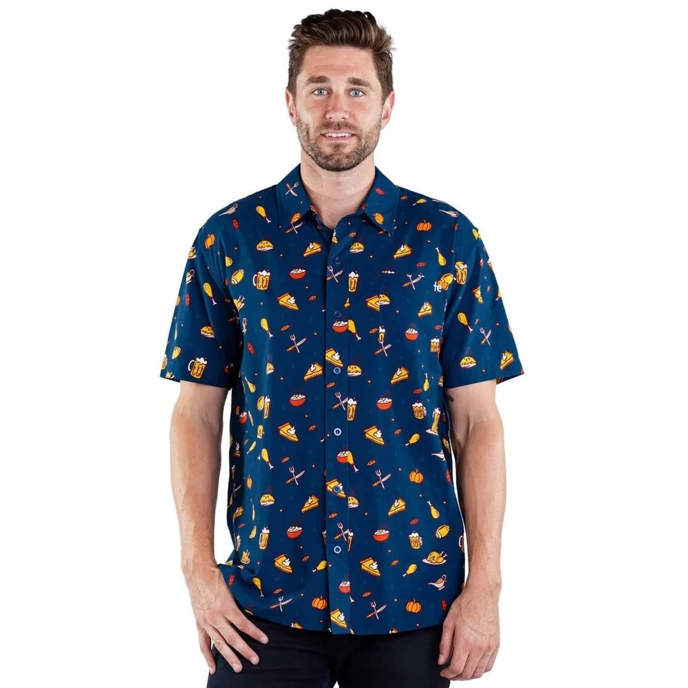 Tipsy Elves Mens Thanksgiving Feast Button Down Shirt Navy Blue XL NWT